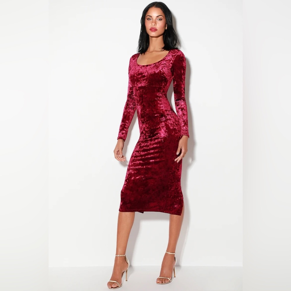 Cherish Me Wine Red Velvet Long Sleeve Bodycon Midi Dress - Size S